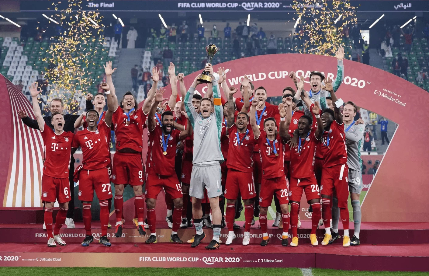 elenco do Bayern que foi campeão em 2020. Hoje, é m dos clubes com mais títulos mundiais