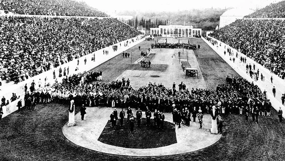 Abertura dos I Jogos Olímpicos no Estádio Panathinaiko, em 1896, Atenas.