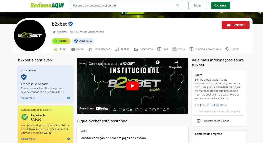 Página oficial da B2XBET no site Reclame Aqui